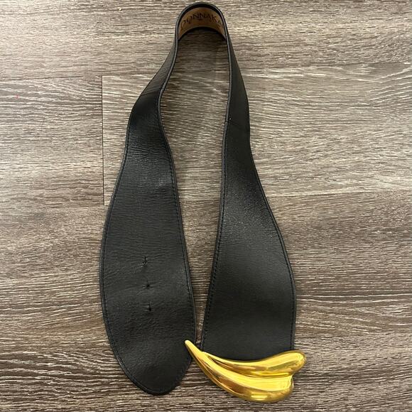 Vintage Donna Karan New York Black Leather Waist Belt Med Gold Sculptural Buckle - Picture 6 of 15